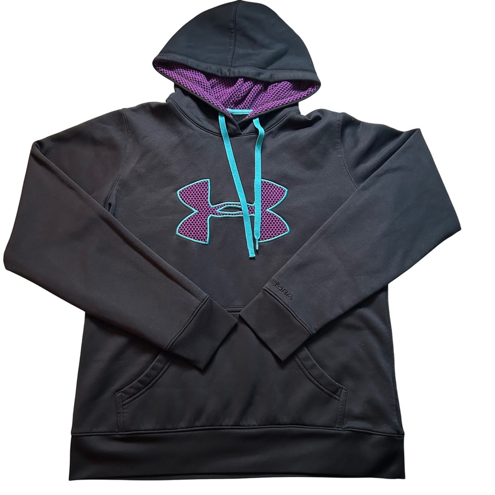 Under Armour Womens Storm‎ Hoodie Medium Sweatshirt Black Teal Purple Logo